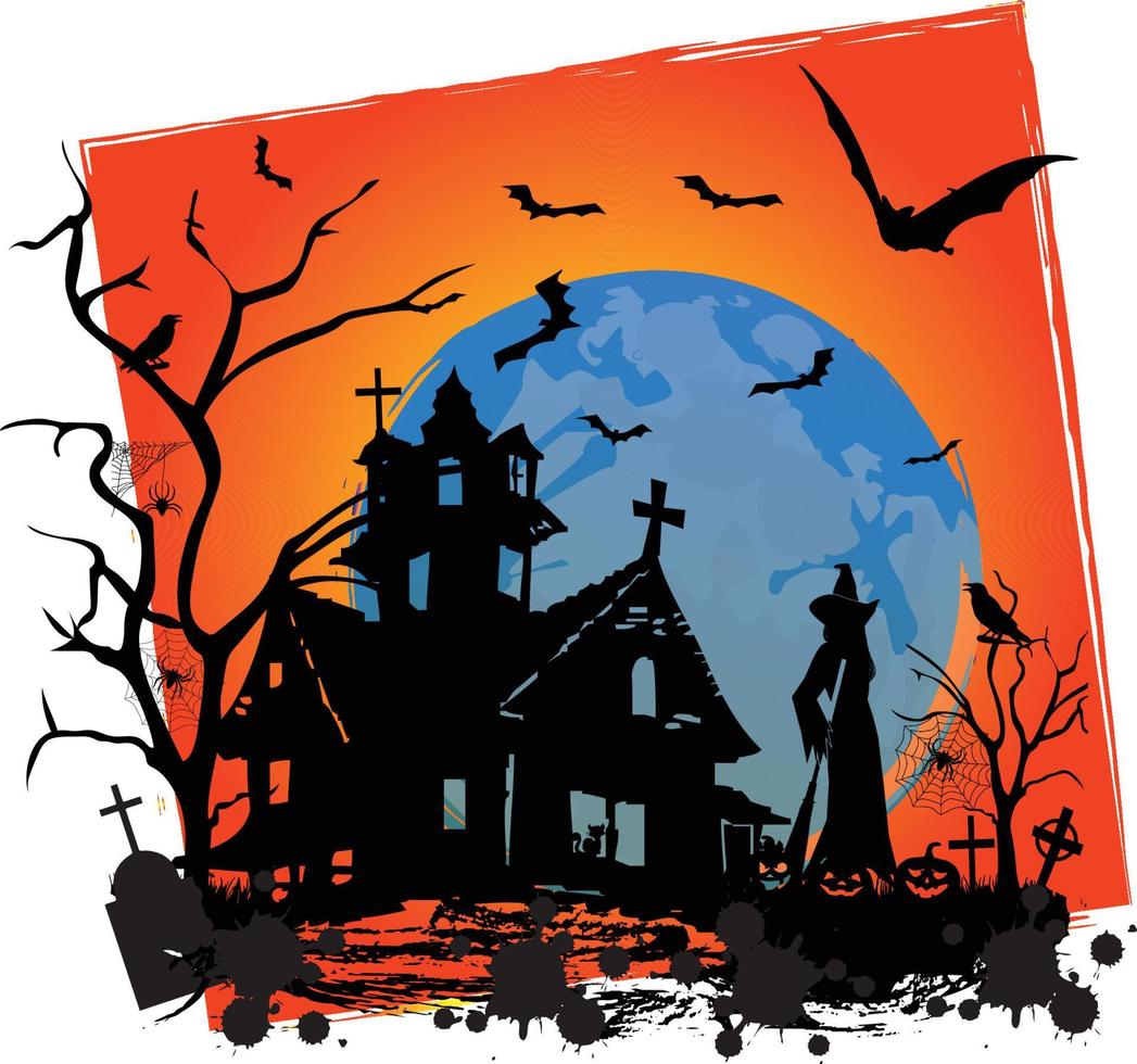 feliz halloween assustador ilustração com gato, morcegos e castelo vetor
