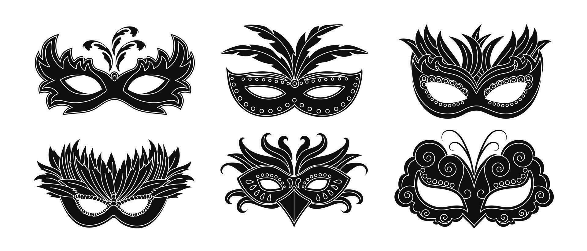 máscaras de carnaval de máscaras, conjunto. ilustração de design preto e branco, ícones, vetor