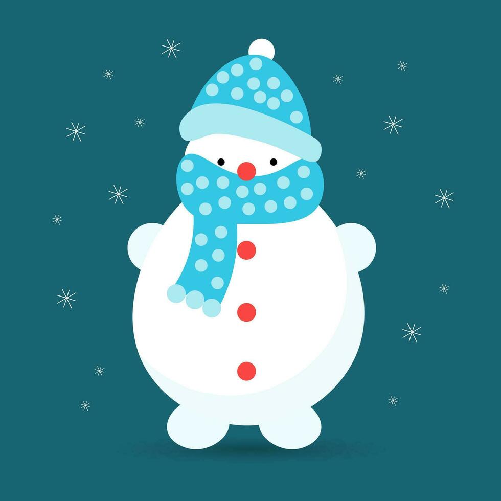fofa boneco de neve dentro uma chapéu e lenço, plano estilo. desenho animado ilustração, impressão para crianças, vetor