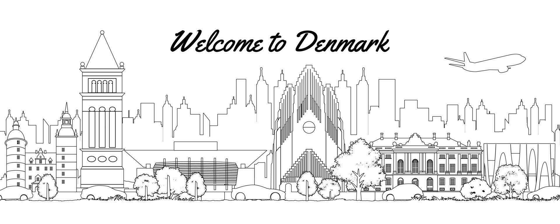 Dinamarca famoso marcos de silhueta esboço estilo vetor