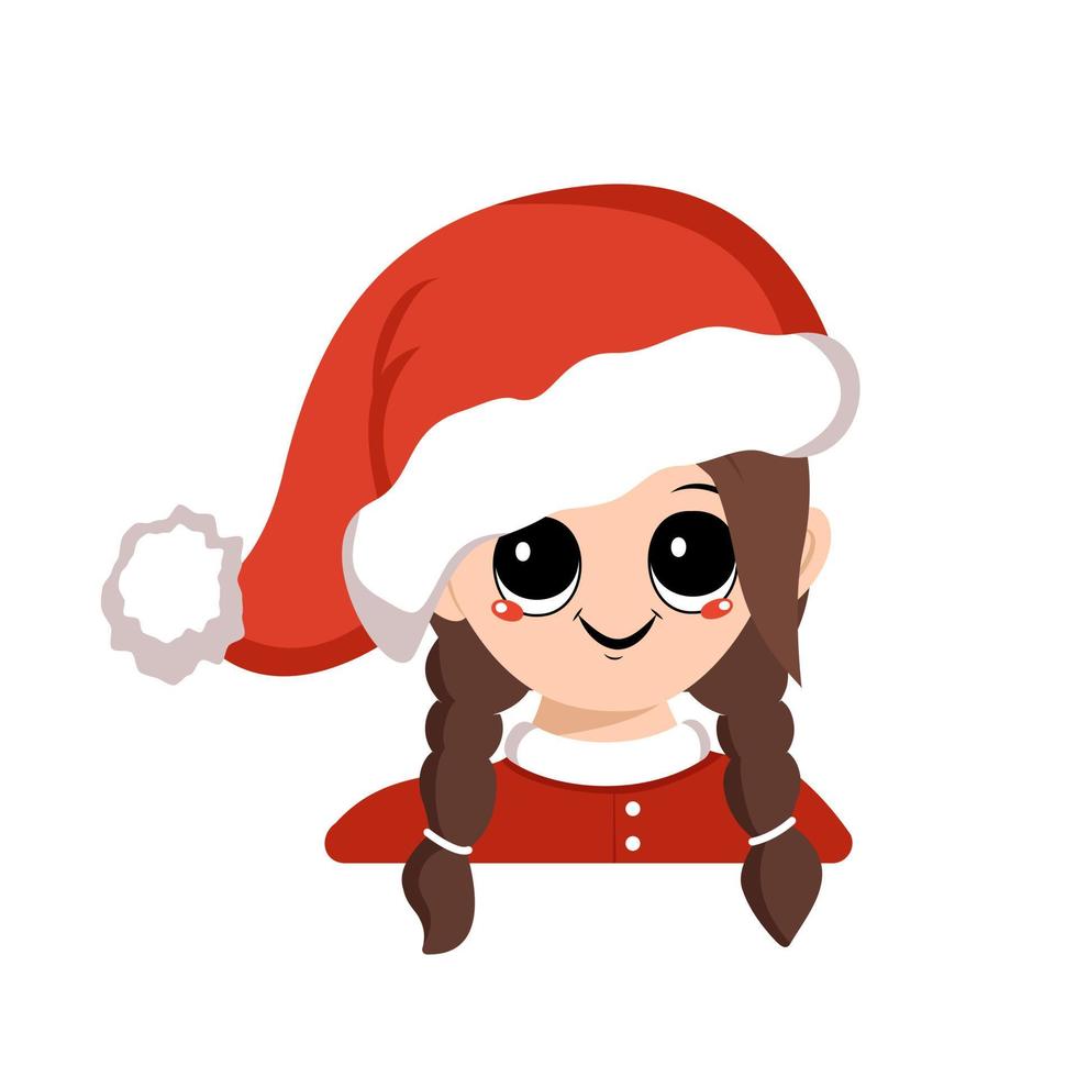 avatar de uma menina com olhos grandes e um grande sorriso feliz em um chapéu de Papai Noel vermelho. lindo filho com uma cara alegre em um traje festivo para o ano novo e o Natal. cabeça de criança adorável com emoções alegres vetor