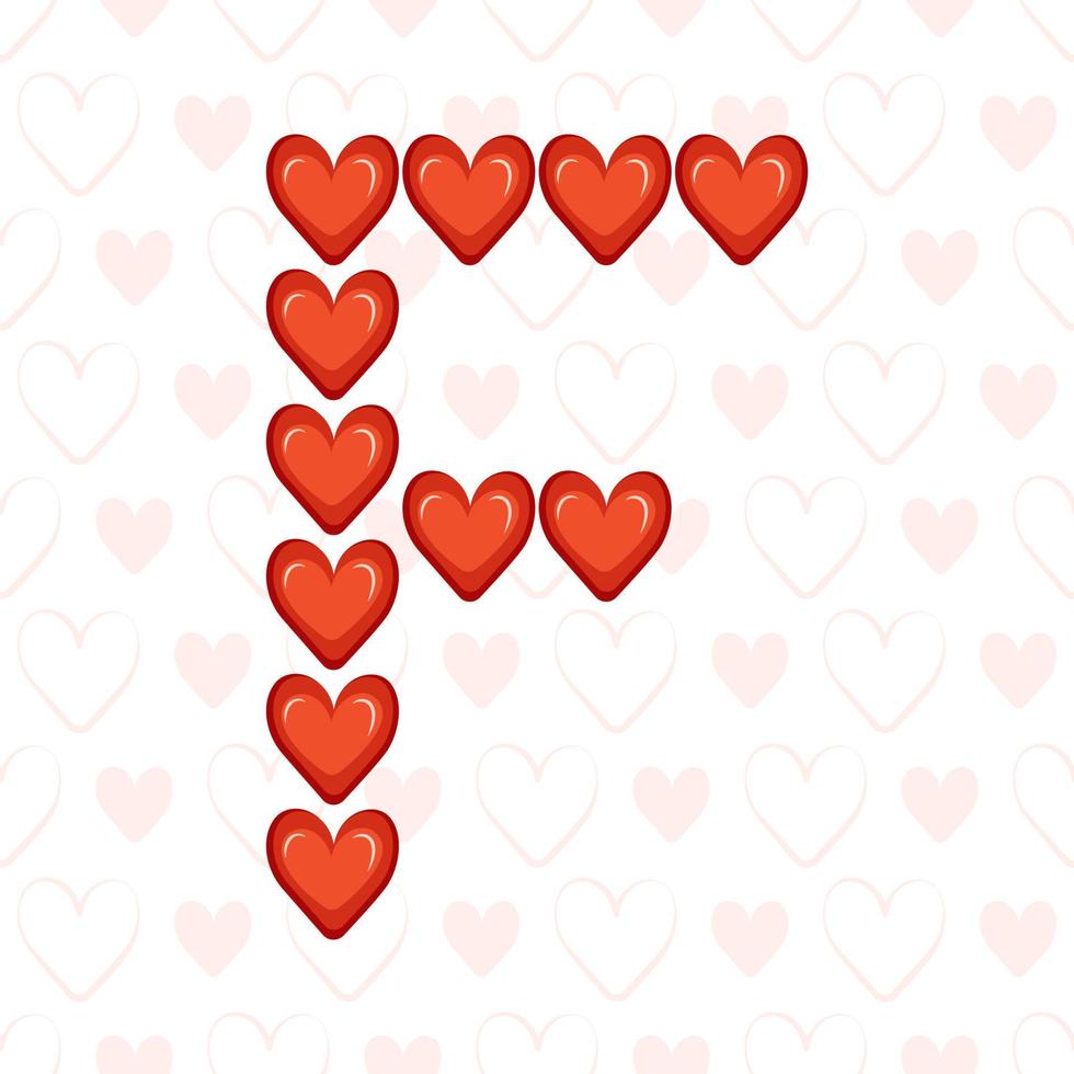 letra f de corações vermelhos em padrão sem emenda com o símbolo de amor. fonte festiva ou decoração para dia dos namorados, casamento, feriado e design vetor