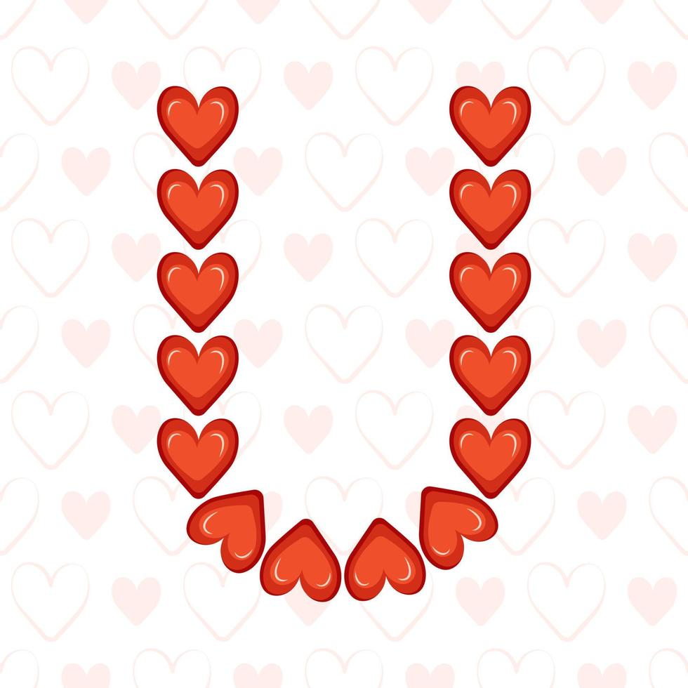 letra u de corações vermelhos no padrão sem emenda com o símbolo de amor. fonte festiva ou decoração para dia dos namorados, casamento, feriado e design vetor