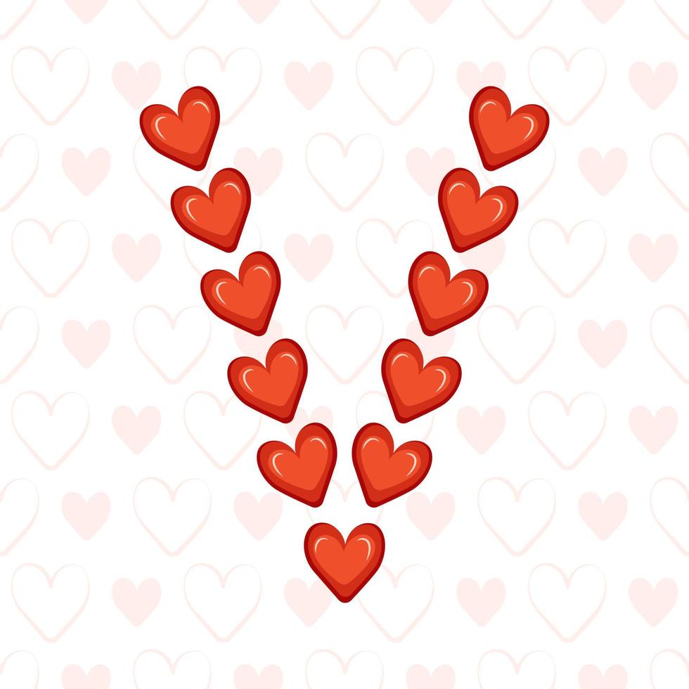 letra v de corações vermelhos no padrão sem emenda com o símbolo de amor. fonte festiva ou decoração para dia dos namorados, casamento, feriado e design vetor