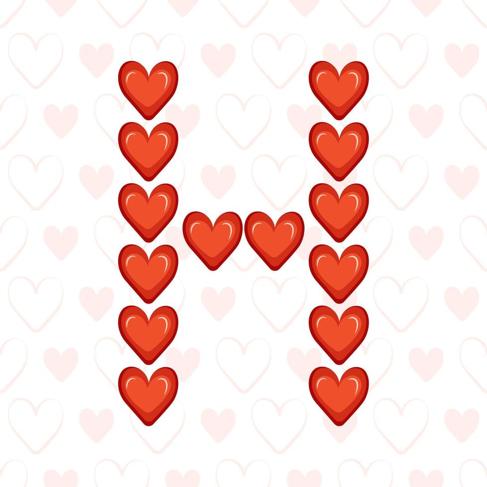 letra h de corações vermelhos em padrão sem emenda com o símbolo de amor. fonte festiva ou decoração para dia dos namorados, casamento, feriado e design vetor