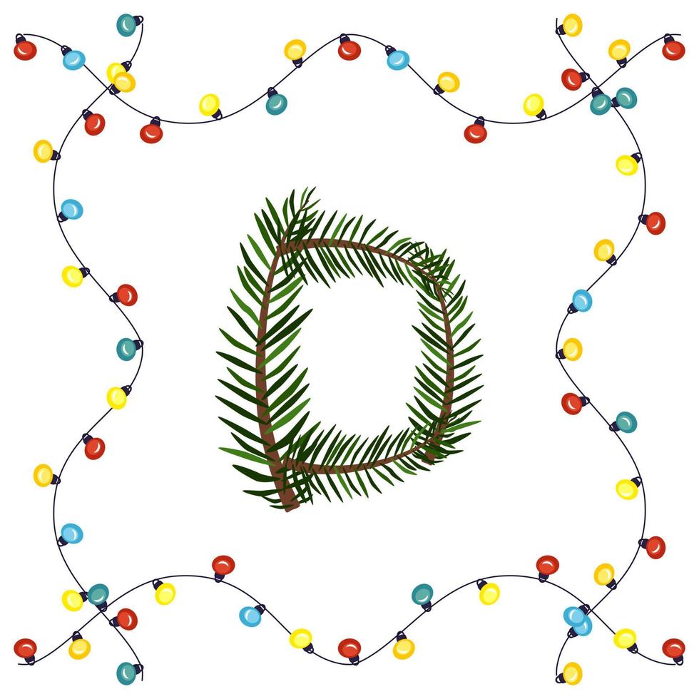 letra d de galhos de árvores de Natal verdes. fonte festiva e moldura de guirlanda, símbolo de feliz ano novo e Natal, sinal do alfabeto vetor