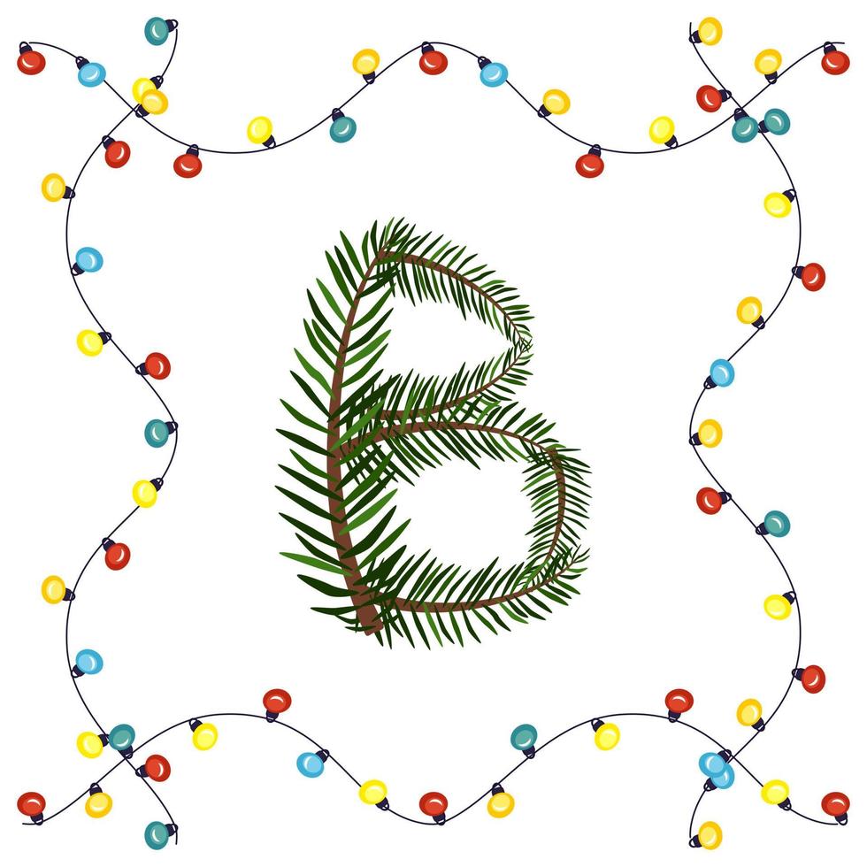 letra b de galhos de árvores de Natal verdes. fonte festiva e moldura de guirlanda, símbolo de feliz ano novo e Natal, sinal do alfabeto vetor