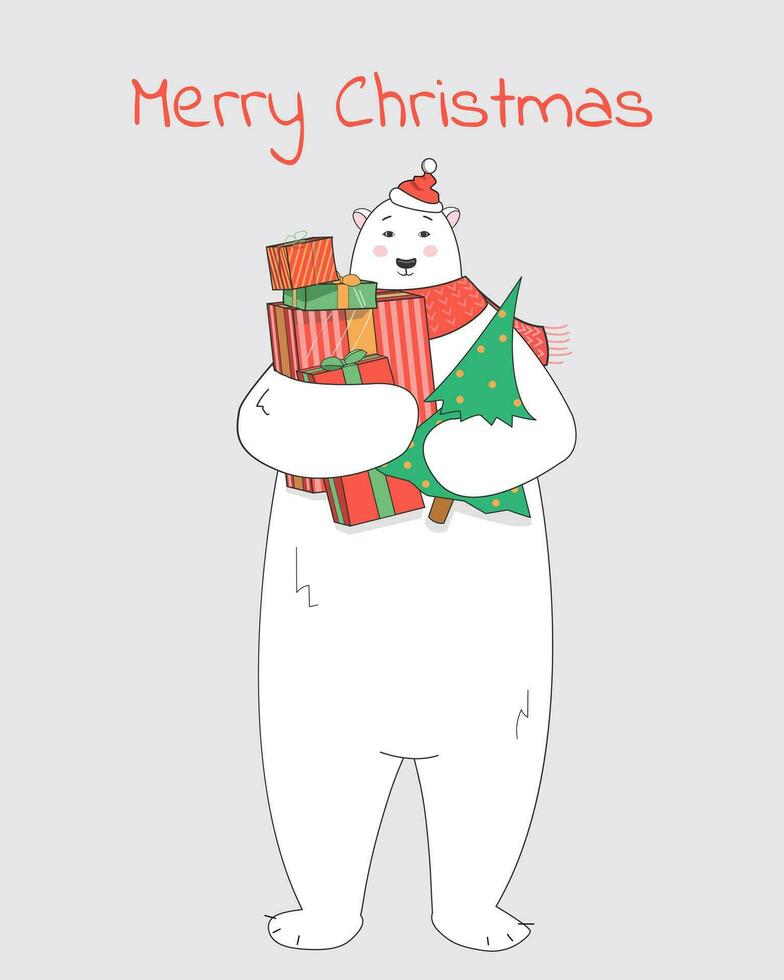 Natal cartão, temporadas saudações. polar Urso detém presentes dentro Está patas. inverno oferta, compras. vetor
