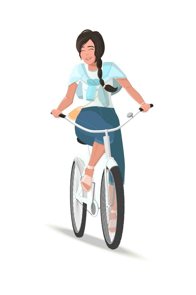 fofa feliz jovem mulher em bicicleta conceito. saudável estilo de vida. saudável estilo de vida. adorável fêmea ciclista. vetor ilustração.