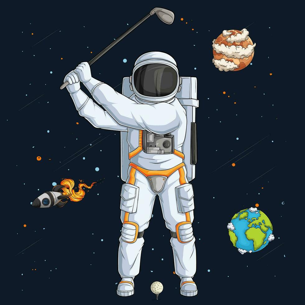 mão desenhado astronauta dentro traje espacial jogando golfe, batedor cosmonauta sobre espaço foguete e planetas vetor