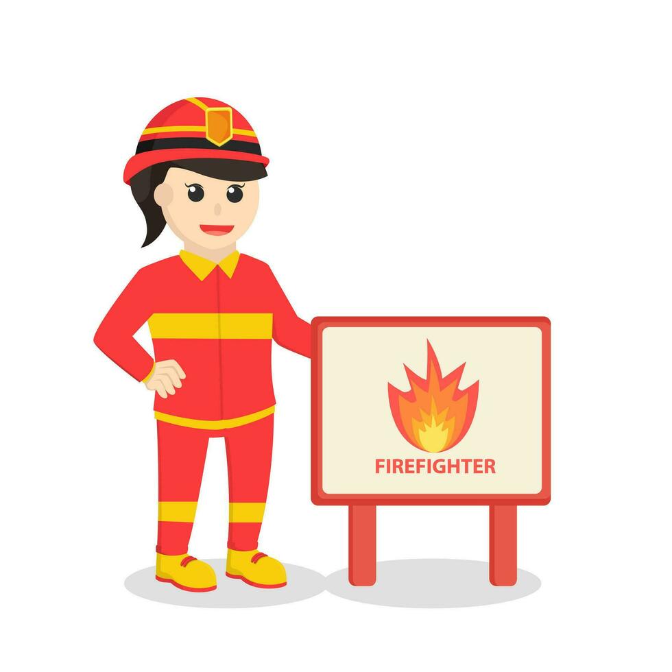 bombeiro mulher com bombeiro estação placa vetor
