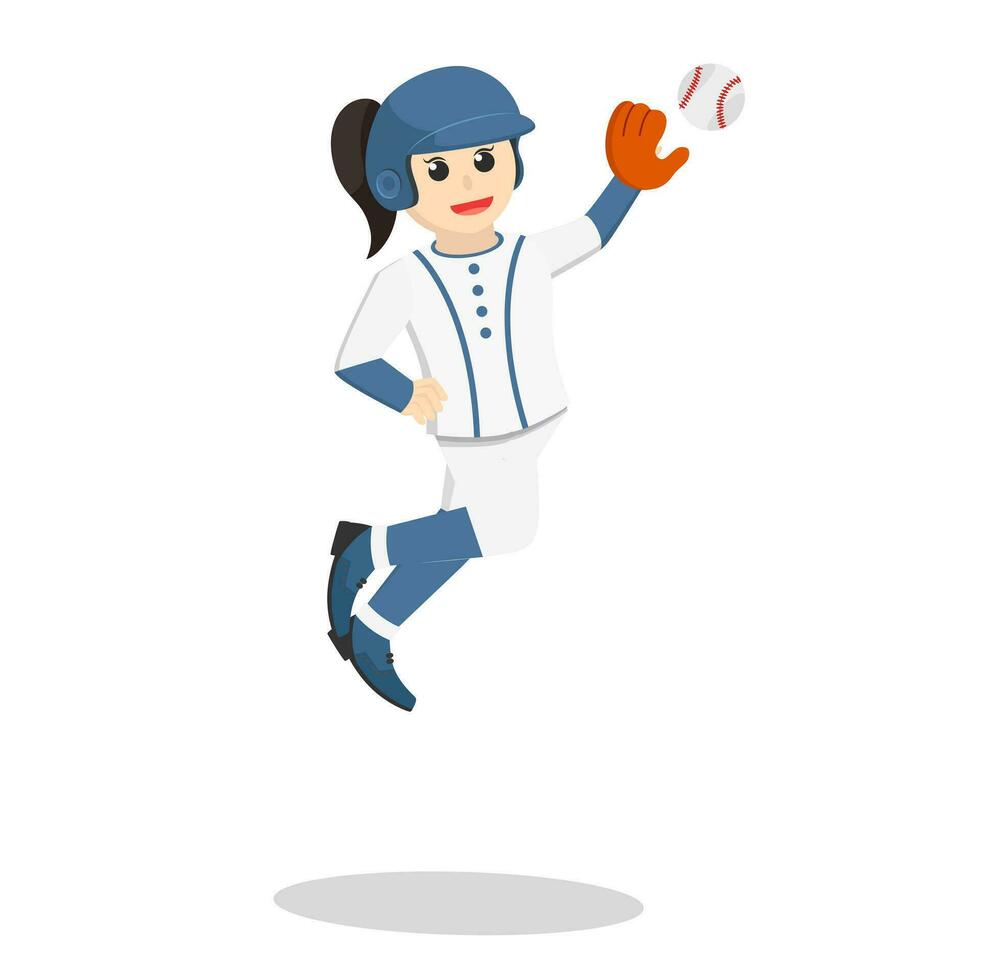 beisebol jogador menina pulando e pegar a bola vetor