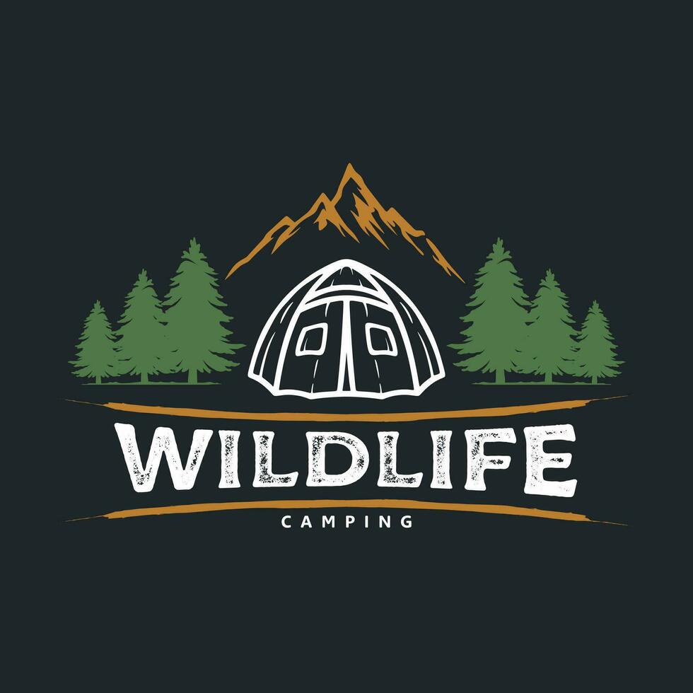 vetor ilustração do animais selvagens acampamento com pinho árvore e montanha isolado dentro Sombrio fundo. estilo de vida logotipo conceito.