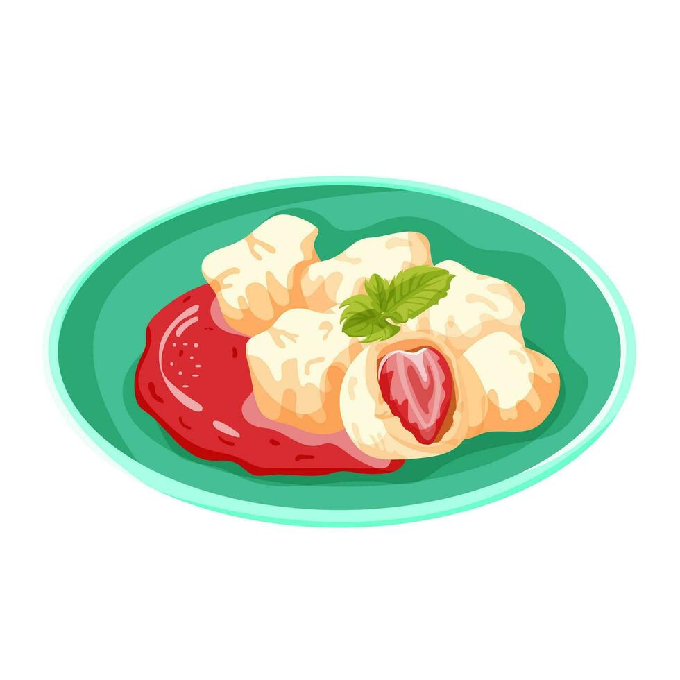 tcheco prato dumplings com morangos dentro plano estilo. vetor Comida ilustração isolado em uma branco fundo.