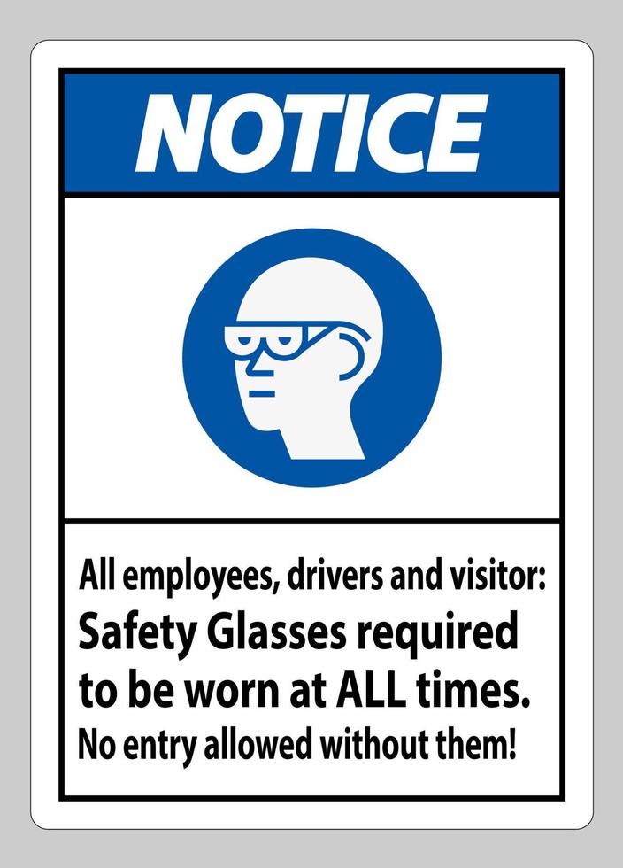 aviso sinal para todos os funcionários, motoristas e visitantes, óculos de segurança obrigatórios a serem usados em todos os momentos vetor