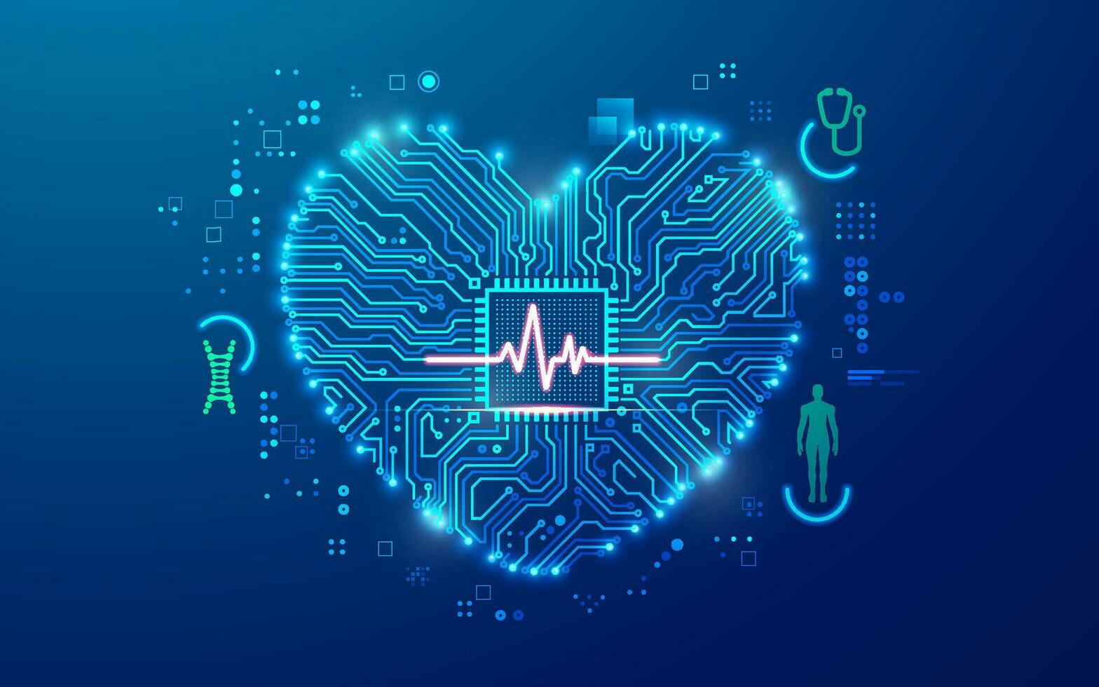 conceito do cardiologia ou coração saúde, gráfico do coração e pulso onda forma combinado com eletrônico borda padronizar vetor