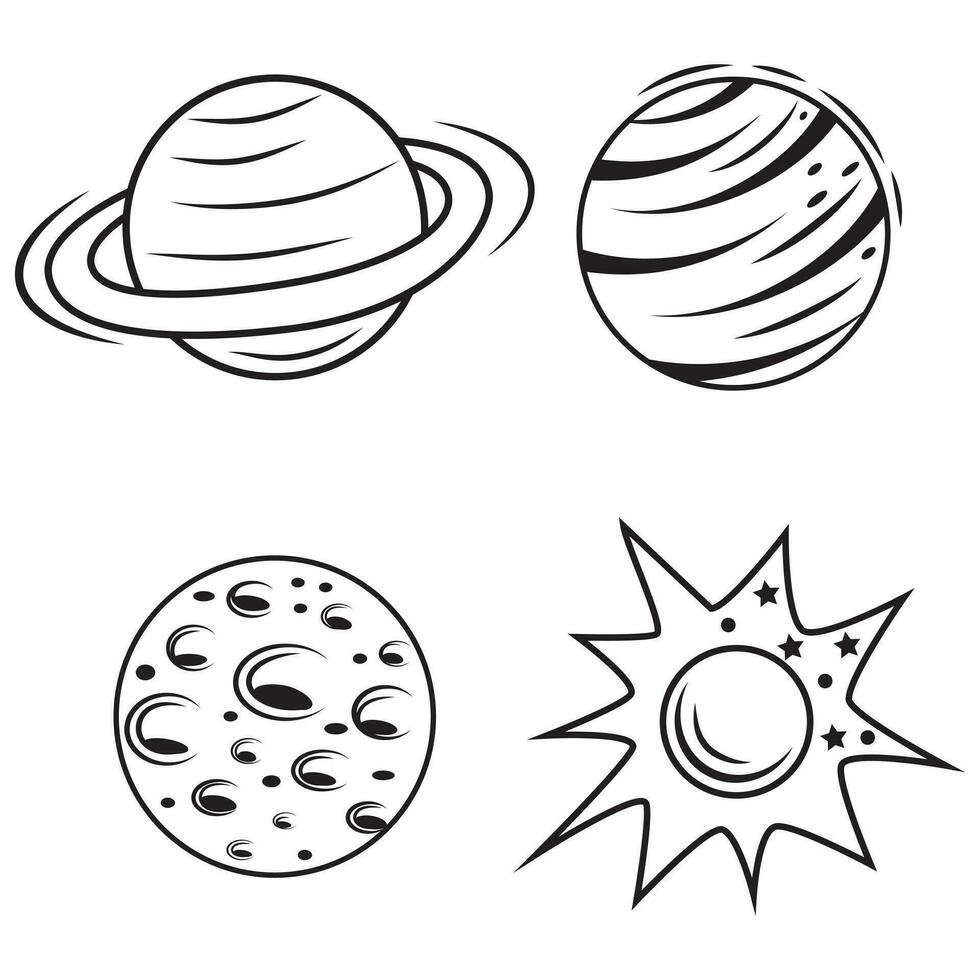 abstrato estilo doodle planetas, Preto contorno, vetor ilustração