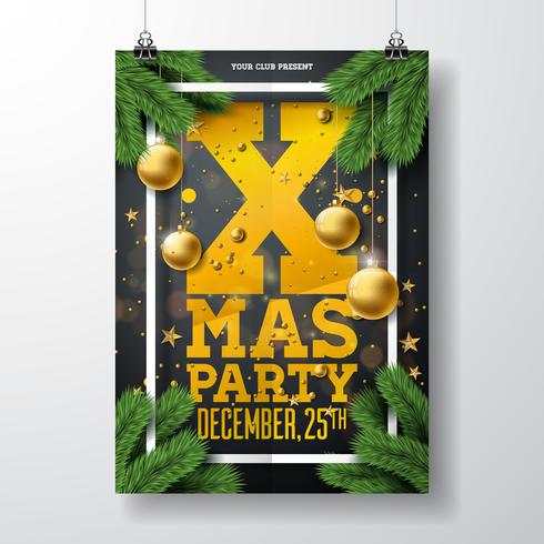 Projeto do inseto da festa de Natal do vetor com elementos da tipografia do feriado e a bola decorativa, ramo do pinho no fundo preto. Ilustração de cartaz de celebração Premium.