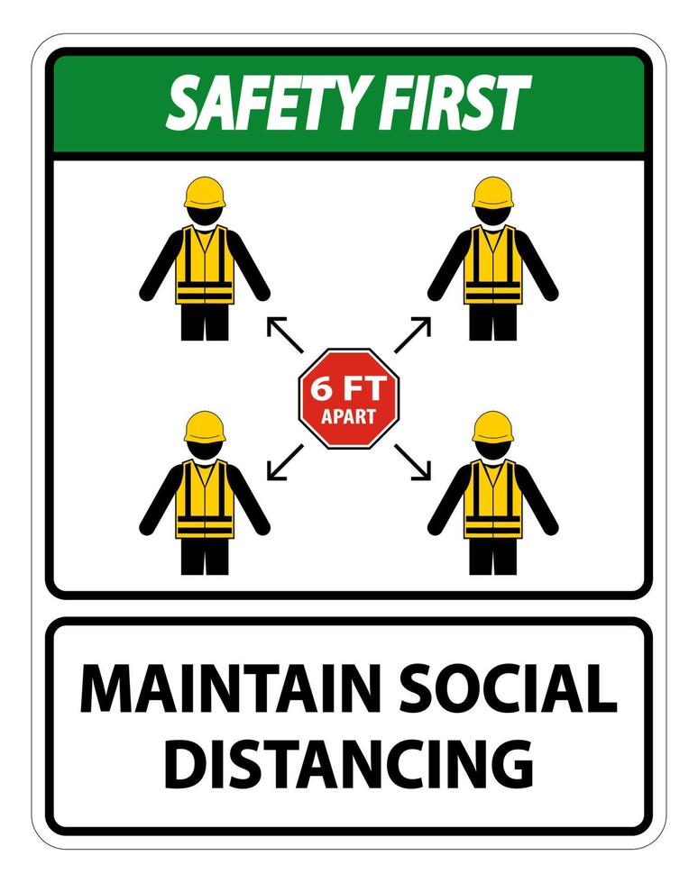 segurança primeiro mantenha o distanciamento social, fique a 6 pés de distância, sinal de coronavírus covid-19 isolado em fundo branco, ilustração vetorial eps.10 vetor