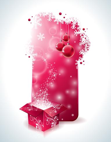 Projeto do Natal do vetor com caixa de presente mágica e bola de vidro vermelha no fundo claro.