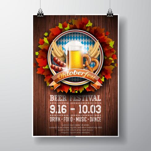 Ilustração do vetor do cartaz de Oktoberfest com cerveja de cerveja pilsen fresca no fundo de madeira da textura. Modelo de panfleto de celebração para o tradicional festival de cerveja alemã.