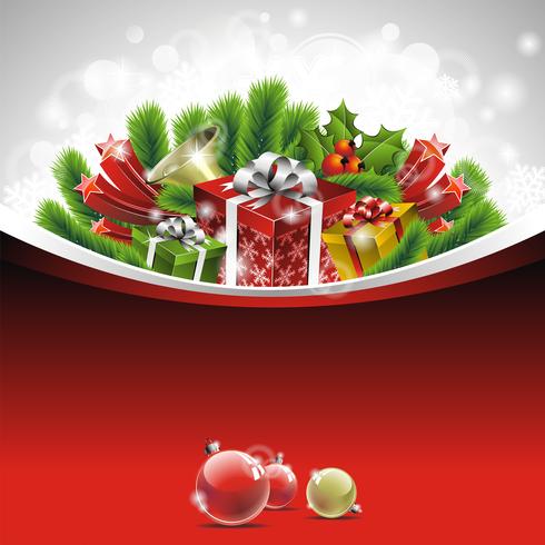Ilustração de Natal com caixas de presente em fundo vermelho vetor