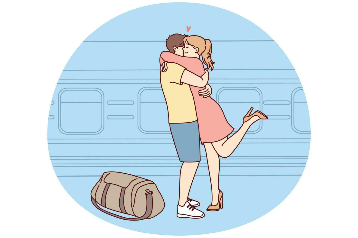 abraço de casal feliz se encontra na estação ferroviária. garota sorridente abraça cara bem-vindo perto de trem. relacionamento a distância. ilustração vetorial. vetor