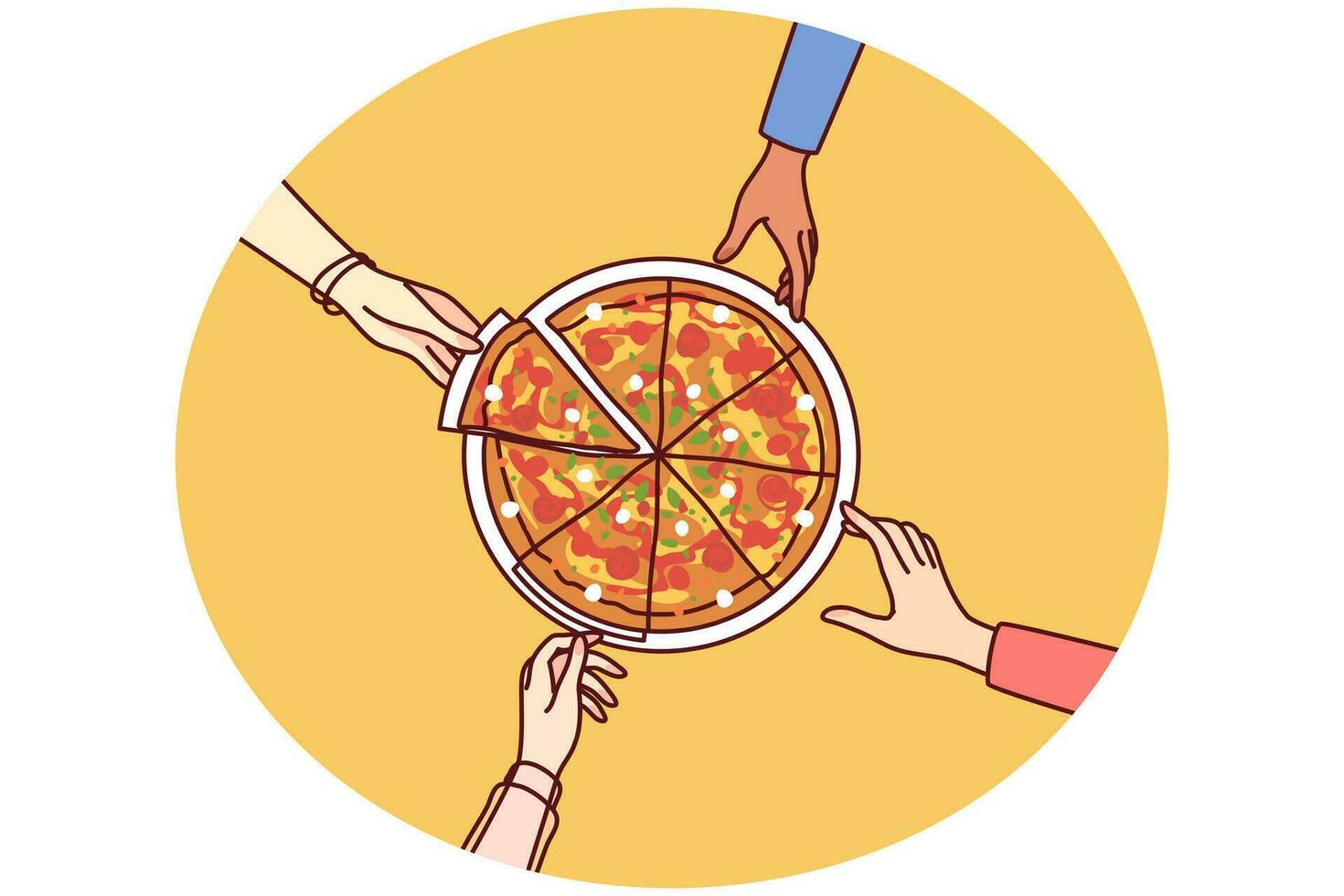 fechar-se do pessoas comendo pizza junto. amigos ou colegas compartilhar italiano velozes Comida às trabalhos pausa dentro escritório. vetor ilustração.