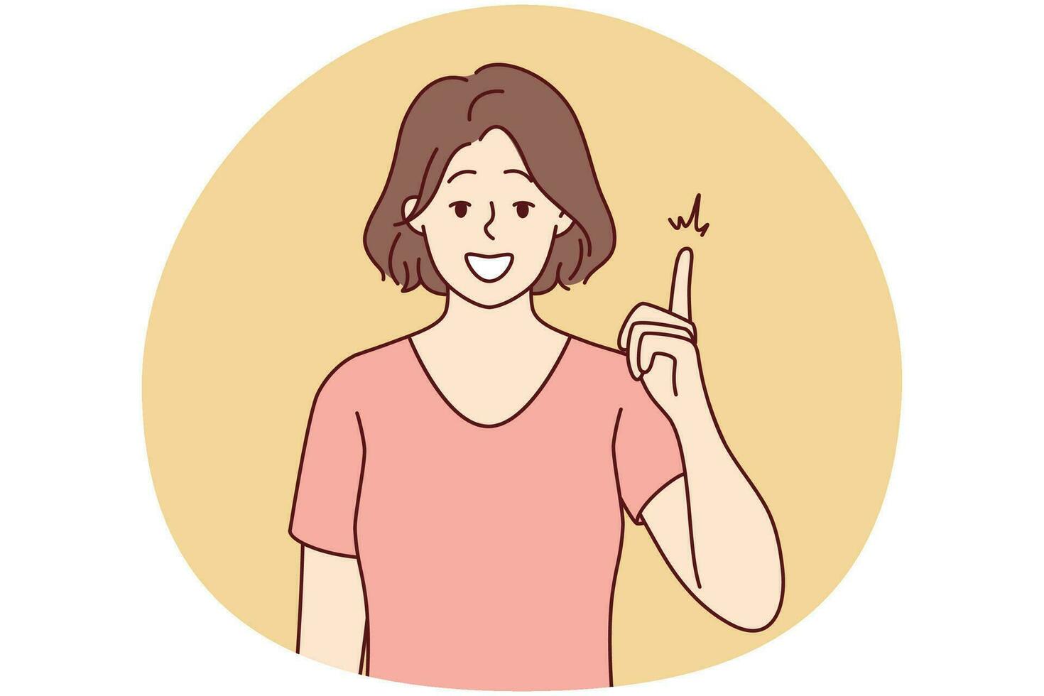 mulher jovem sorridente aponta para cima com o dedo para gerar uma boa ideia de negócio ou pensamento. mulher feliz mostra bom negócio ou oferta. ilustração vetorial. vetor