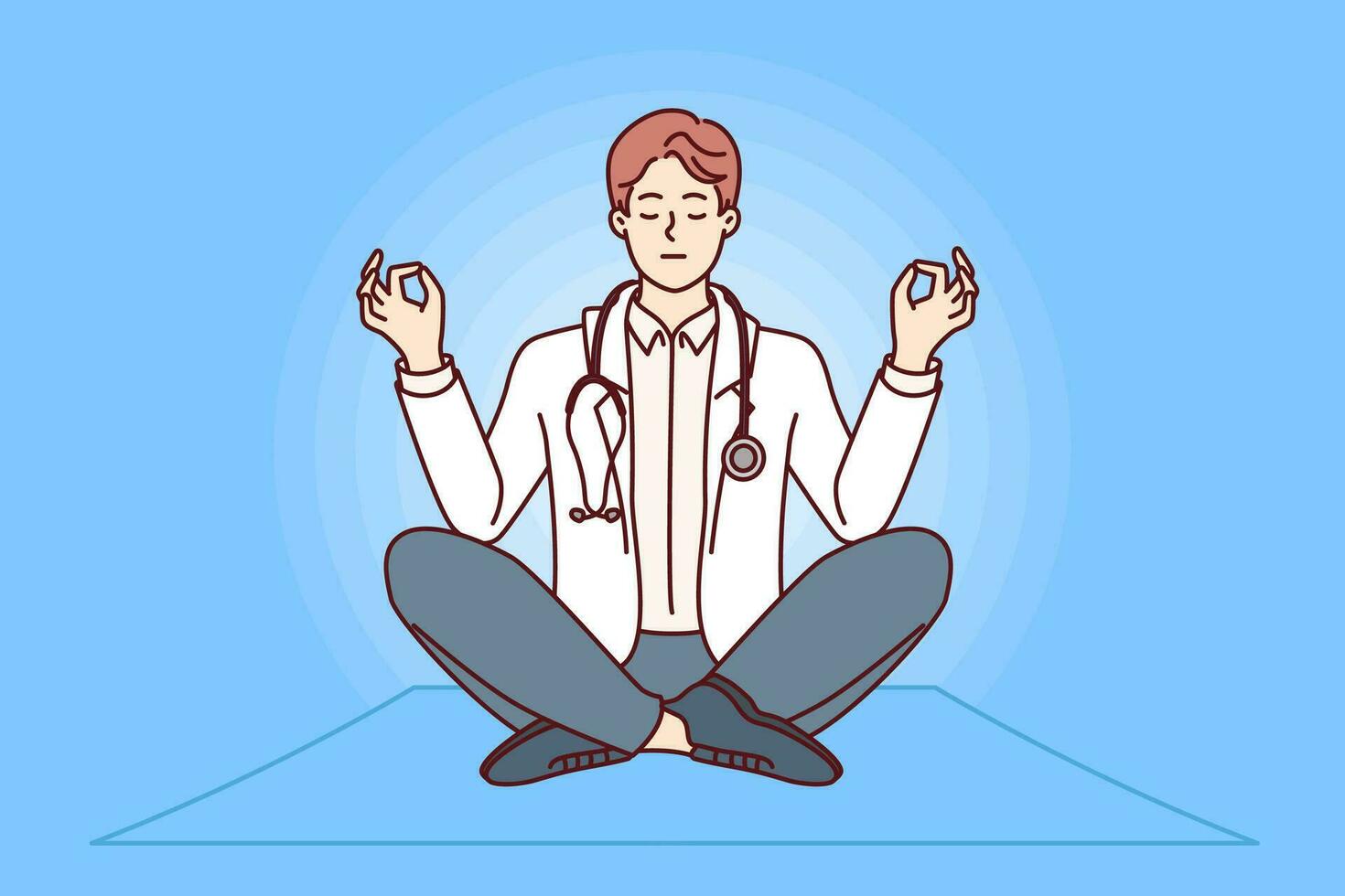 meditando masculino médico sentado dentro lótus posição e levando pausa para prática alívio do stress ioga. vetor