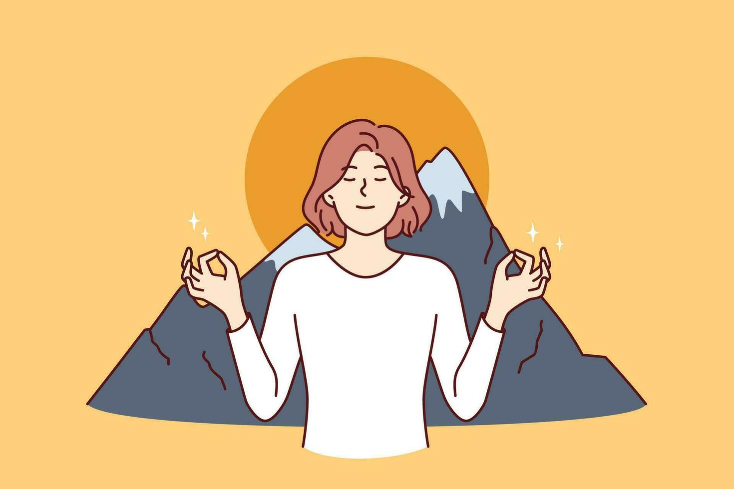 mulher medita dentro lótus posição e práticas zen respiração em pé perto montanhas e pôr do sol vetor
