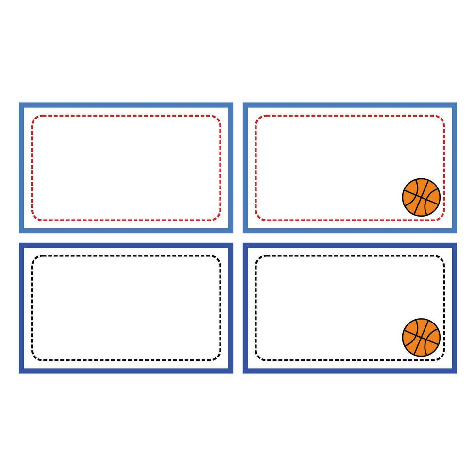 conjunto do 4 esvaziar quadros para fotos com basquetebol bola. identidade adesivo em uma branco fundo. vetor ilustração. rótulo nome adesivo projeto, com brilhante e fofa cores.