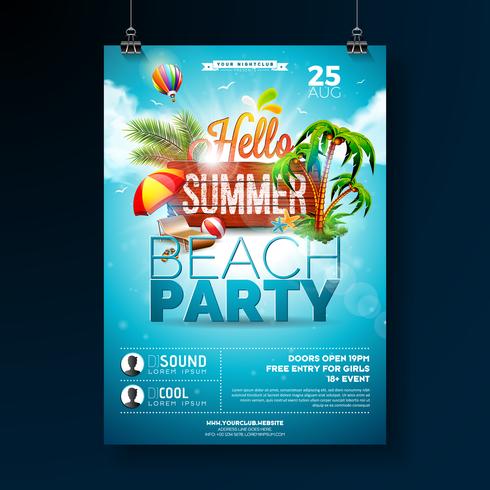 Vector verão praia festa Flyer Design com elementos tipográficos em fundo de textura de madeira. Elementos florais da natureza do verão, plantas tropicais, flor, bola de praia e guarda-sol com o céu nebuloso azul