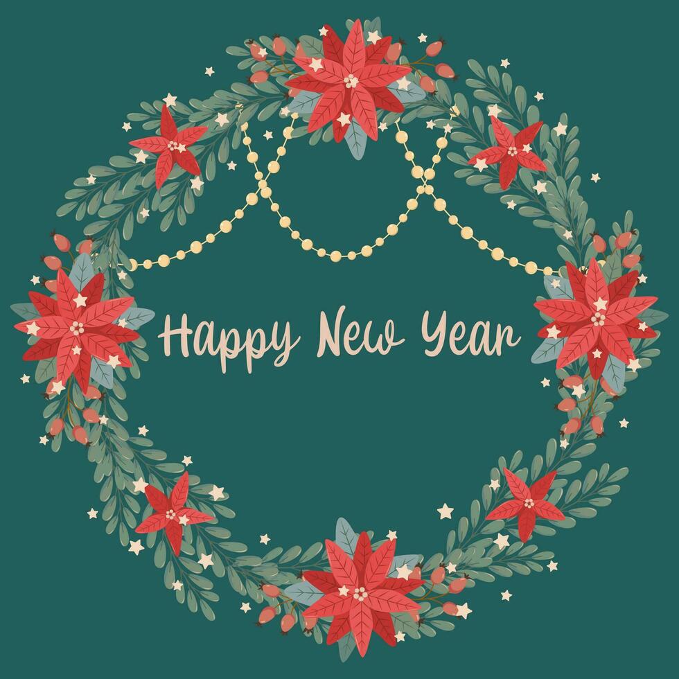 inverno quadrado festivo cartão em verde fundo com floral guirlanda e texto feliz Novo ano dentro plano vetor estilo. visco, poinsétia, miçangas, vermelho bagas, estrelas. feriado sazonal decoração.