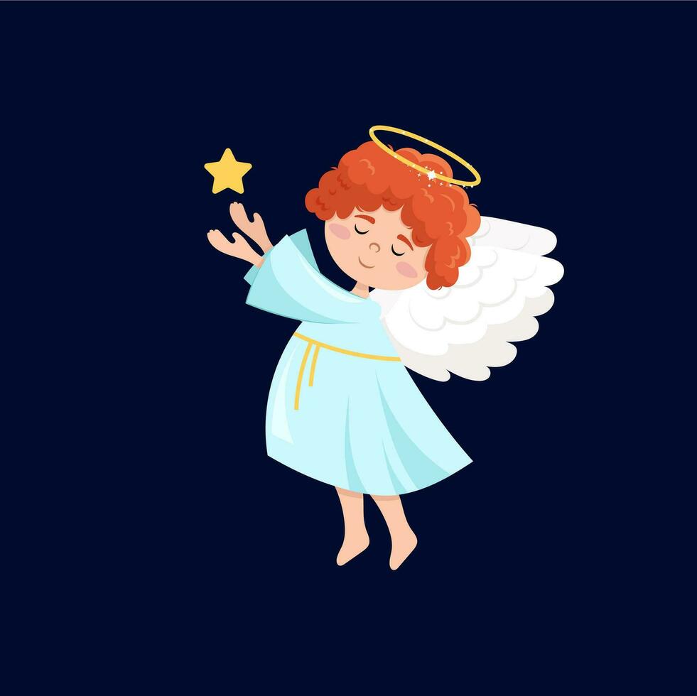 pequeno anjo com uma estrela. anjo com asas e aréola dentro plano estilo. vetor