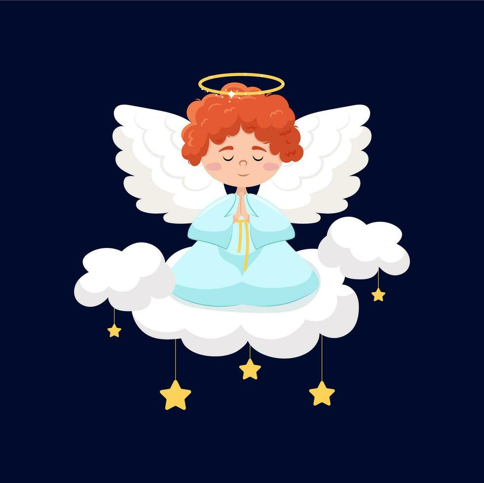 anjo com asas e aréola dentro plano estilo. uma pequeno anjo ora em uma nuvem com estrelas. vetor