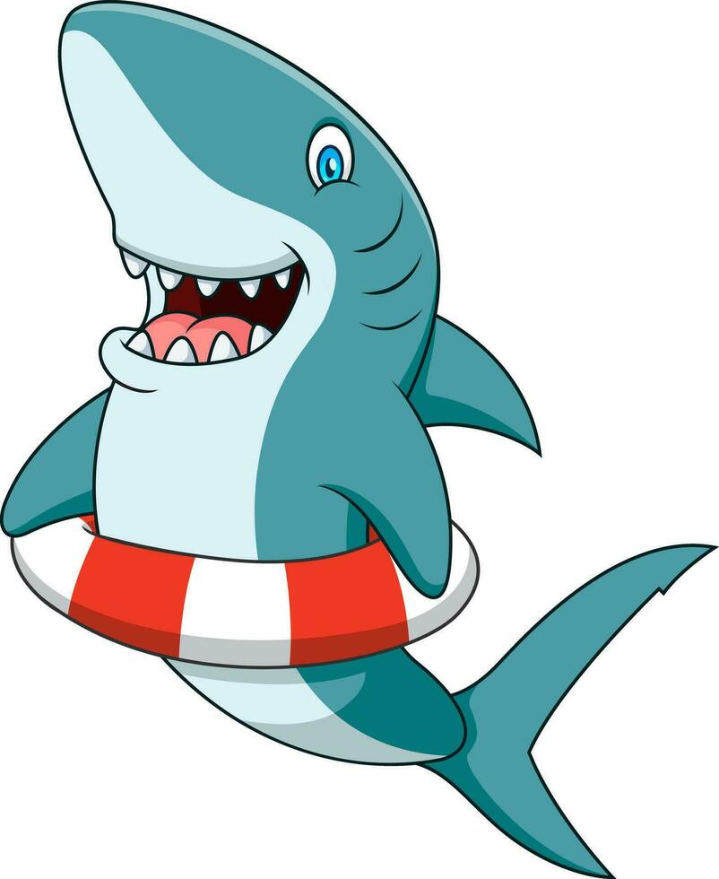 fofa Tubarão desenho animado usando uma bóia dentro verão vetor