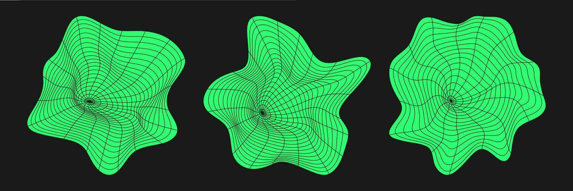 conjunto do distorcido cyber grades. cyberpunk geometria elemento ano 2000 estilo. isolado verde malha em Preto fundo. vetor moda ilustração.