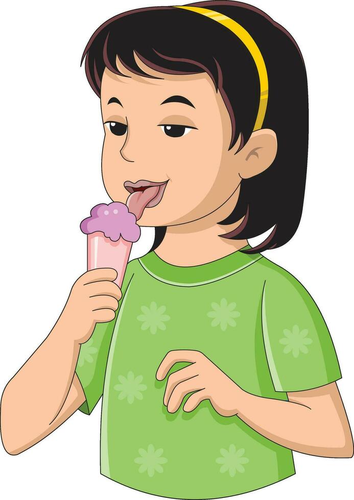 pequeno menina degustação sorvete com língua vetor ilustração