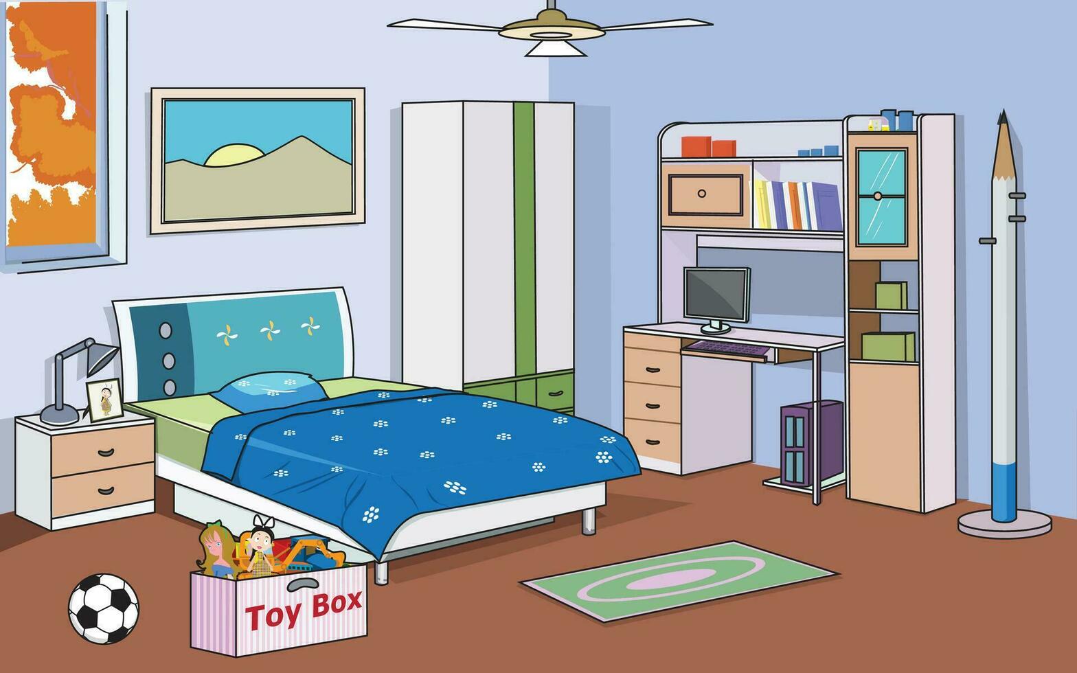 vetor ilustração mostrando cama, Almirah, brinquedos, cenário, fã, etc
