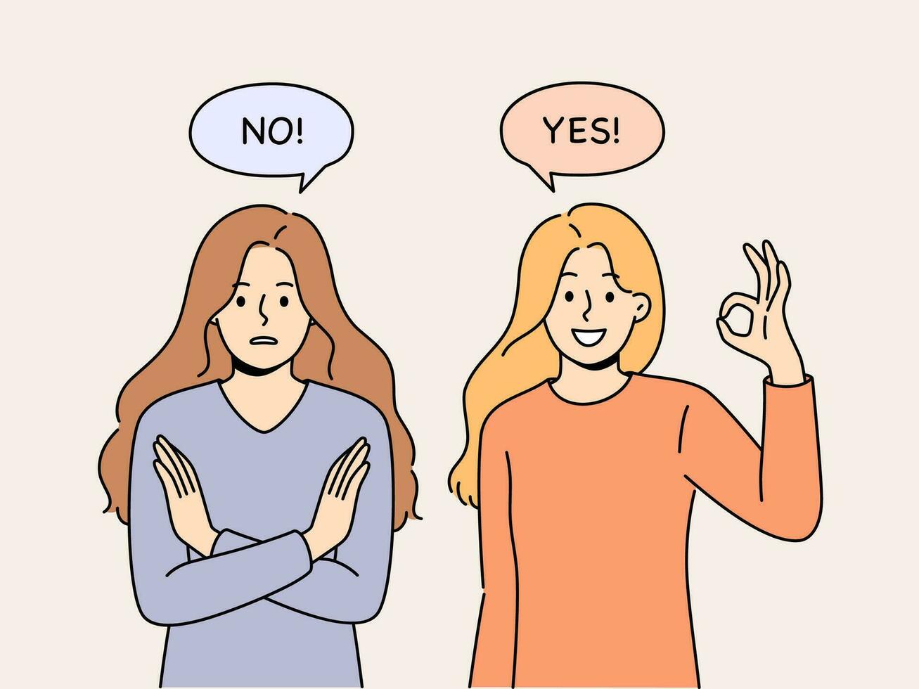 mulheres com opondo-se opiniões demonstrar sim e não gestos, respondendo questão ou sugestão. jovem meninas com opondo-se Visualizações mostrar positivo e negativo emoções olhando às tela vetor