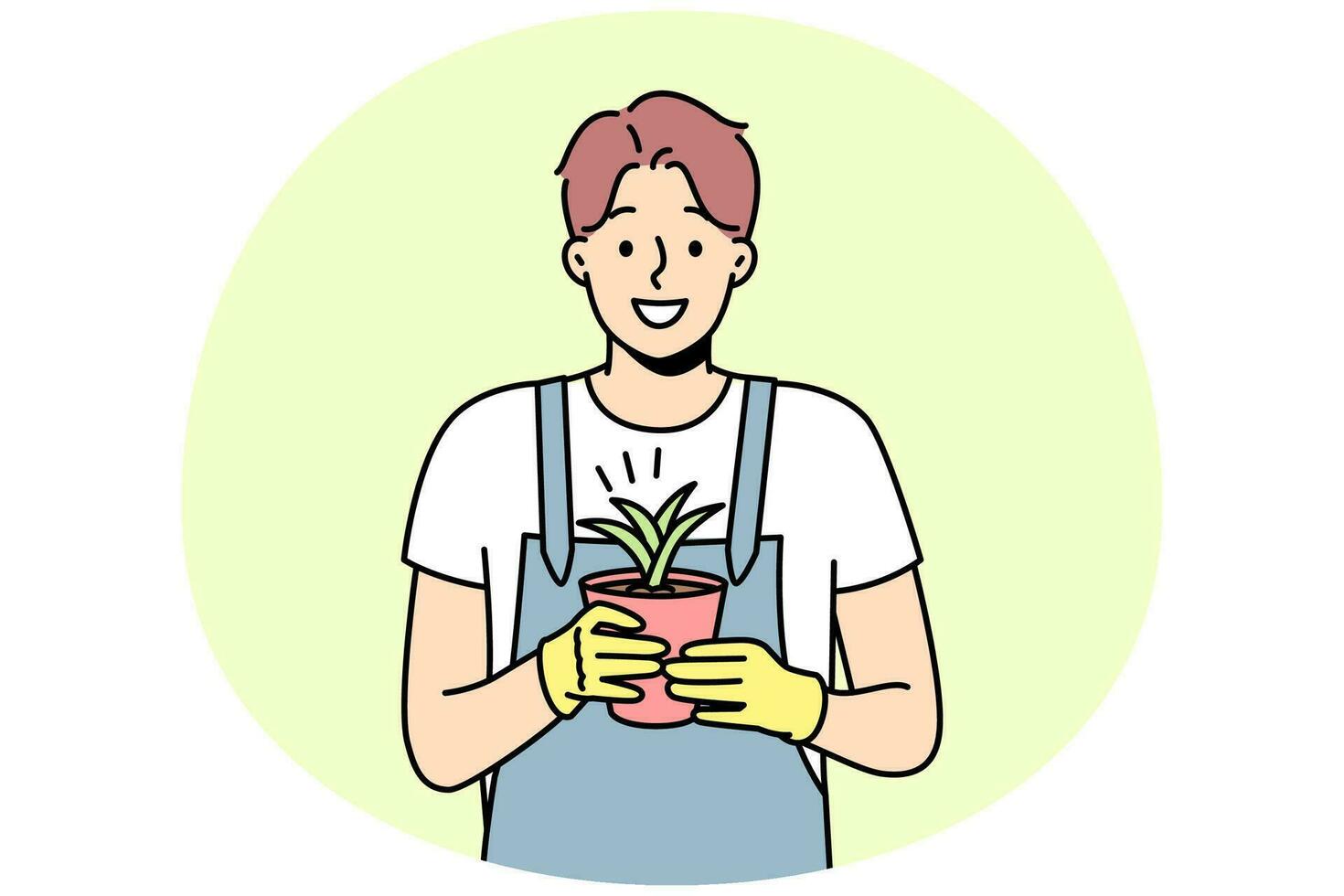 macho sorridente em luvas e avental segurando a planta no pote. jardineiro feliz gosta de hobby floral botânico. horticultura e jardinagem. ilustração vetorial. vetor