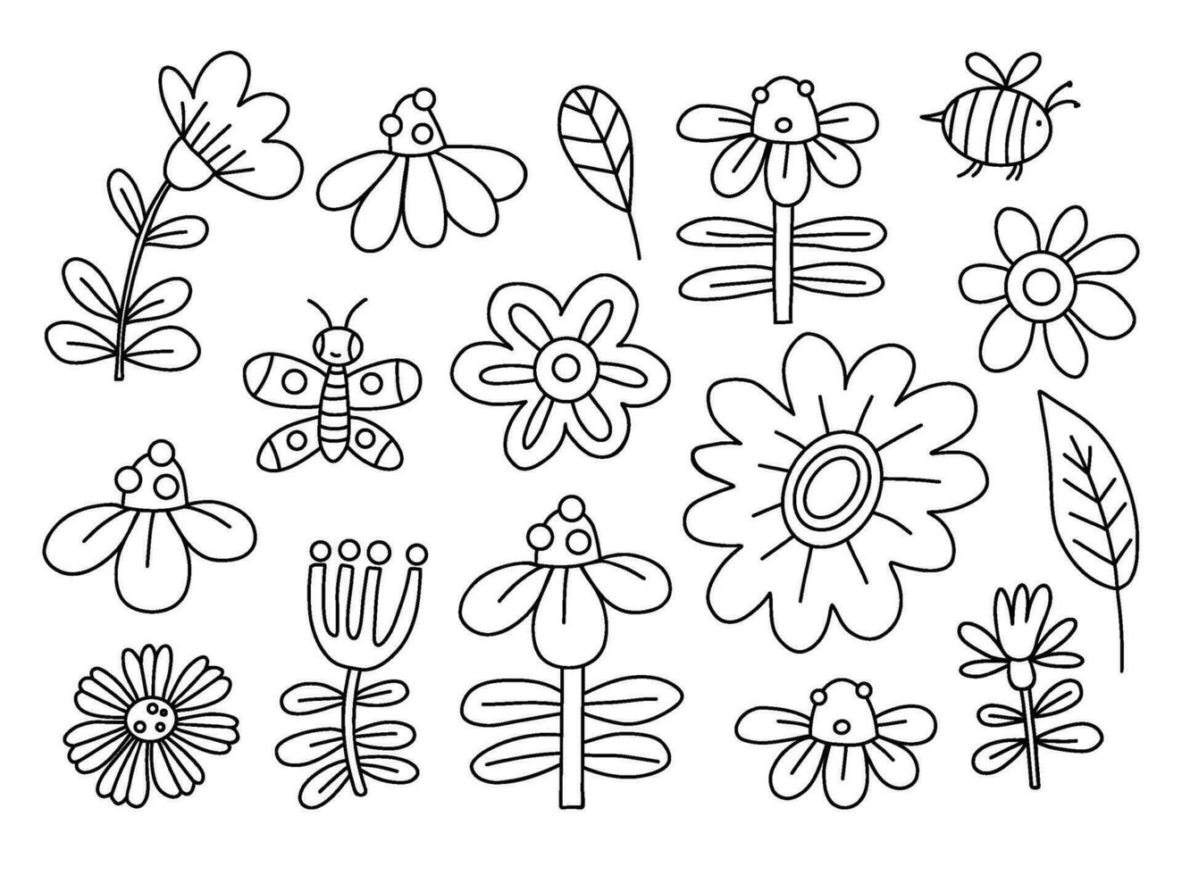 coleção esboço flores vetor isolado linear mão desenhado plantas e inseto.