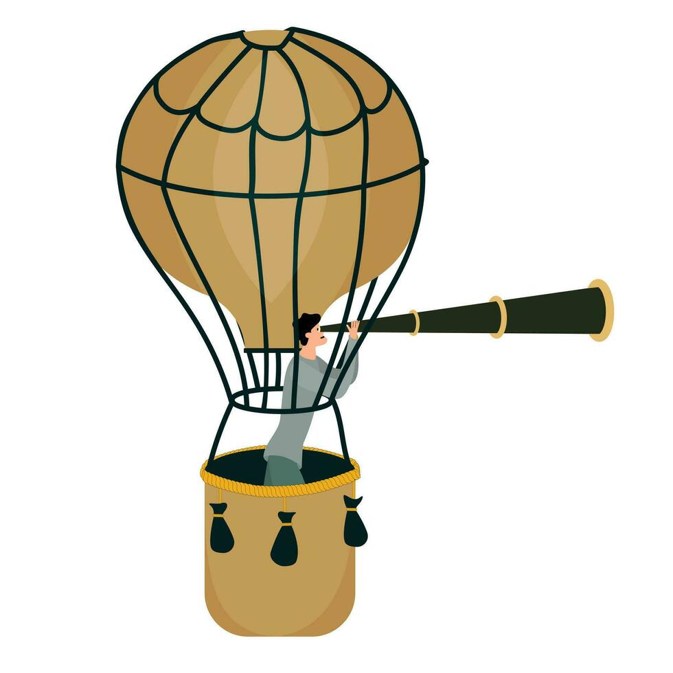 uma homem parece através uma telescópio dentro procurar enquanto dentro a cesta do uma balão. homem viaja de ar vetor