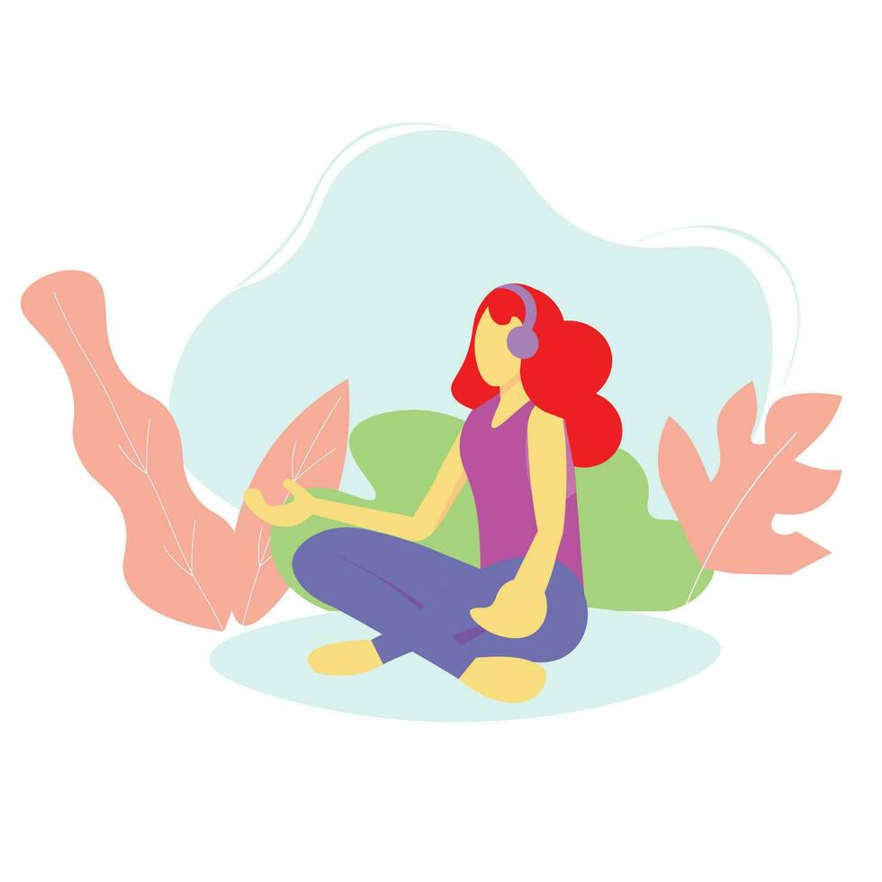 uma mulher durante meditação dentro natureza usando fone de ouvido para ouvir relaxante som. plano vetor ilustração