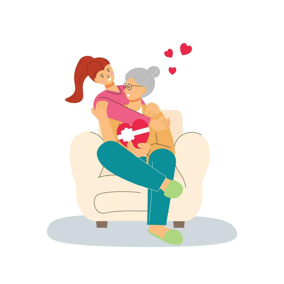 jovem mulher abraçando dela velho mãe com amor em a sofá a partir de atrás mães dia conceito vetor