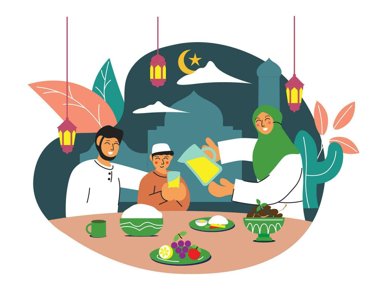 iftar plano ilustração com Comida em a mesa. pessoas orar para iftar vetor