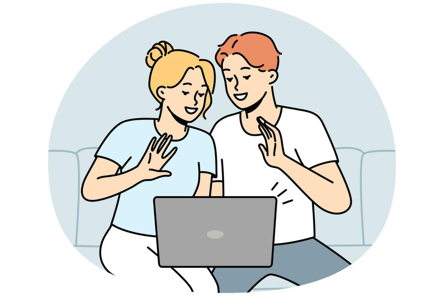 casal sorridente senta-se no sofá onda conversa em vídeo chamada no computador. homens e mulheres felizes se divertem e desfrutam de conversas de webcam no laptop. ilustração vetorial. vetor