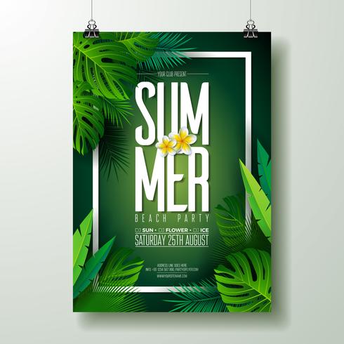 Vector verão praia festa Flyer Design com elementos tipográficos em fundo de folha exótica. Elementos florais da natureza do verão, plantas tropicais, flor. Modelo de design para banner, panfleto, convite, cartaz.