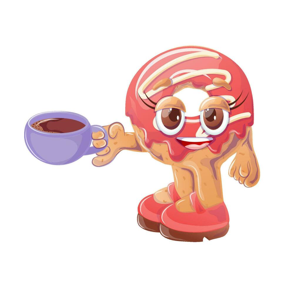 rosquinha com uma caneca do quente chocolate. sobremesa. Diversão personagem. retro desenho animado vetor ilustração para imprimir, bandeira, cardápio para cafeteria, restaurante, bar.